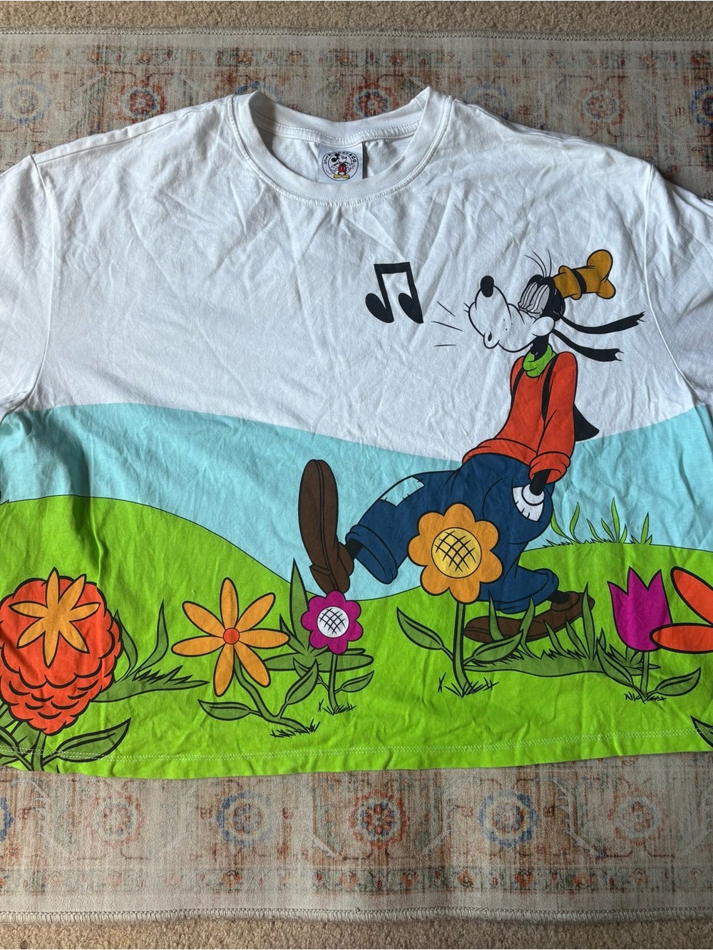Disney White Goofy Graphic Tee with Green, Blue and Orange Accents
